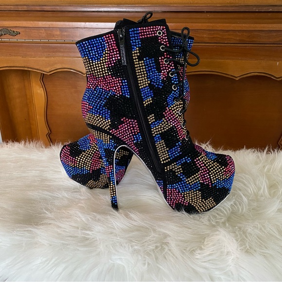 Sheikh Platform Stiletto Ankle Boots, Multi Color Studded Rhinestones - Picture 6 of 10